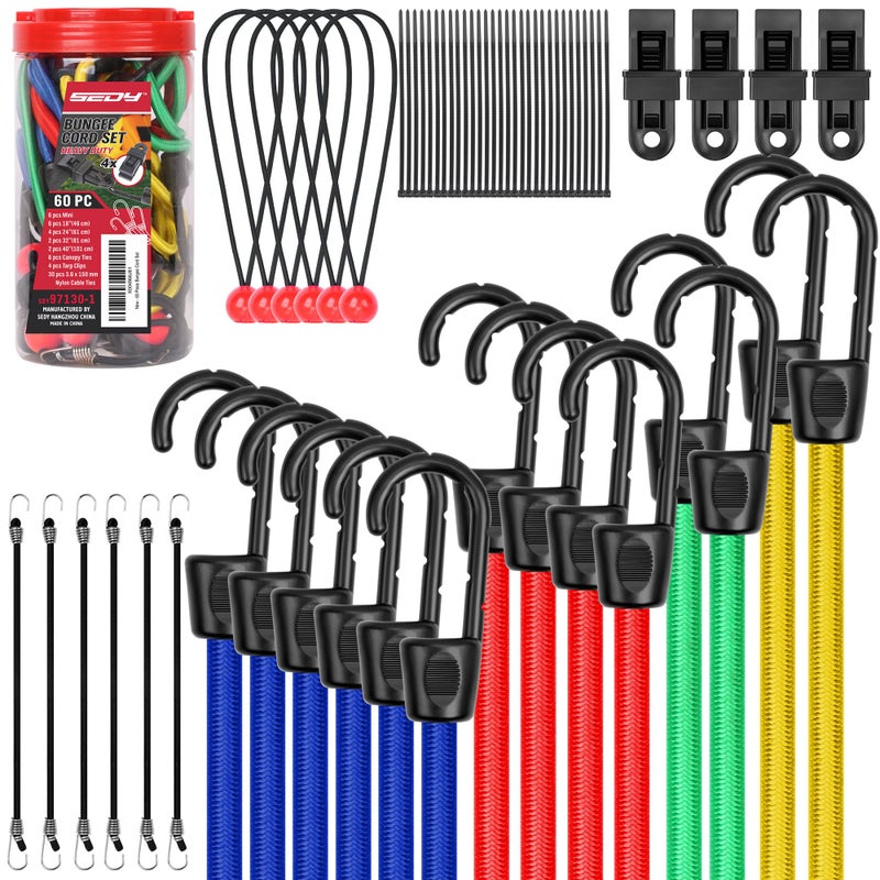 SEDY 60-Piece Bungee Cords Assorted Sizes - 10" 18" 24" 32" 40" Bungee Cords with Hooks, Heavy Duty Outdoor, Large Medium Small Mini Elastic Canopy Tarp Bungee Ball Ties Tarp Clips Organizer - Image 1